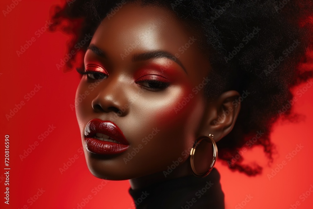 Red makeup on african woman face, beauty portrait of black model with artistic make-up and glowing skin