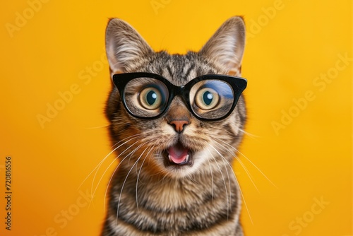 Studio portrait of shocked cat wearing glasses, isolated on yellow background