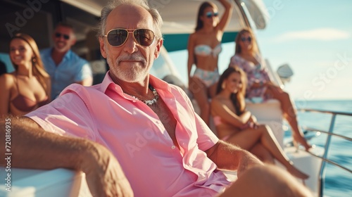 Wealthy senior man at luxury yacht party, oligarch lifestyle with glamorous women, billionaire summer cruise vacation photo