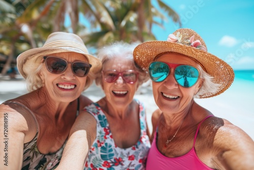 Selfie photo of happy senior ladies, old friends, wearing sun hats and colorful sunglasses on holiday vacation photo
