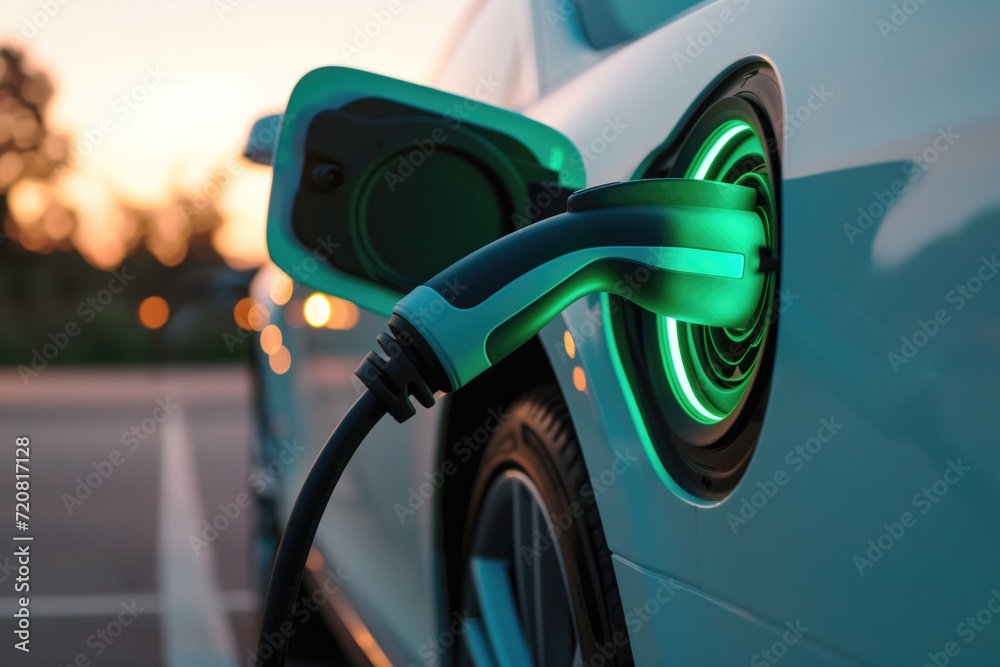Electric vehicle charger with a glowing green charge indicator Electric vehicle charger with a glowing green charge indicator