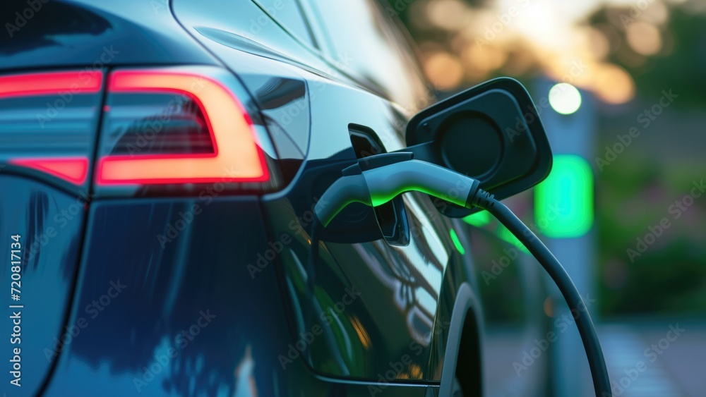 Electric vehicle charger with a glowing green charge indicator Electric vehicle charger with a glowing green charge indicator