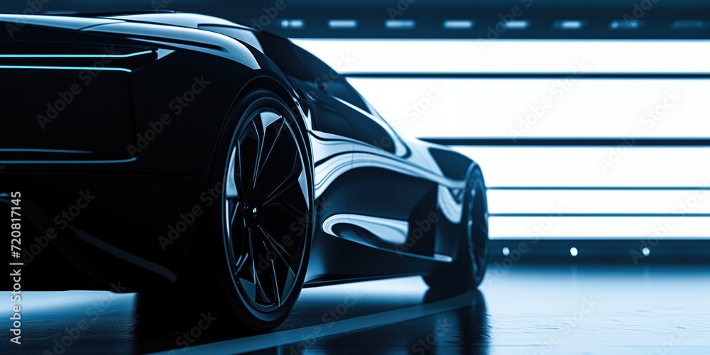 Close-up low angle shot of futuristic electric car with sleek design in a modern showroom
