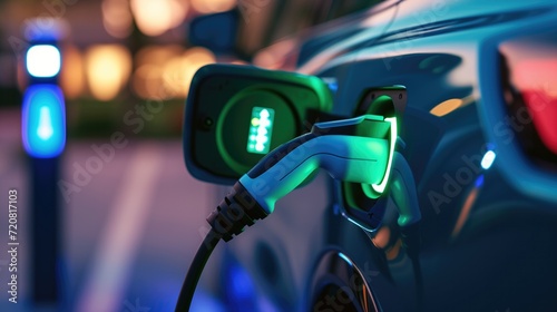 Electric car charger with a glowing green charge indicator connected to a charging station