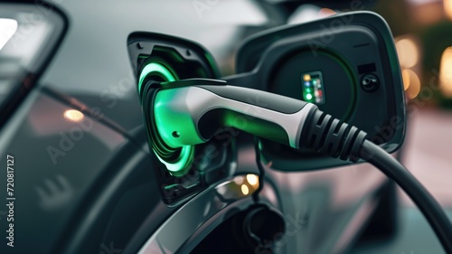 Electric vehicle charger with a glowing green charge indicator