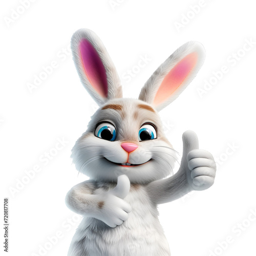 Animation Style 3D Illustration: Happy Cartoon Easter Bunny with Thumbs Up, Isolated on Transparent Background, PNG