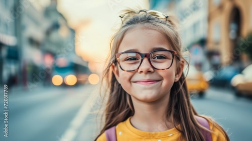 A stylish woman confidently smiles at the camera on a busy city street, her trendy eyewear adding to her chic street fashion look against the backdrop of a beautiful building