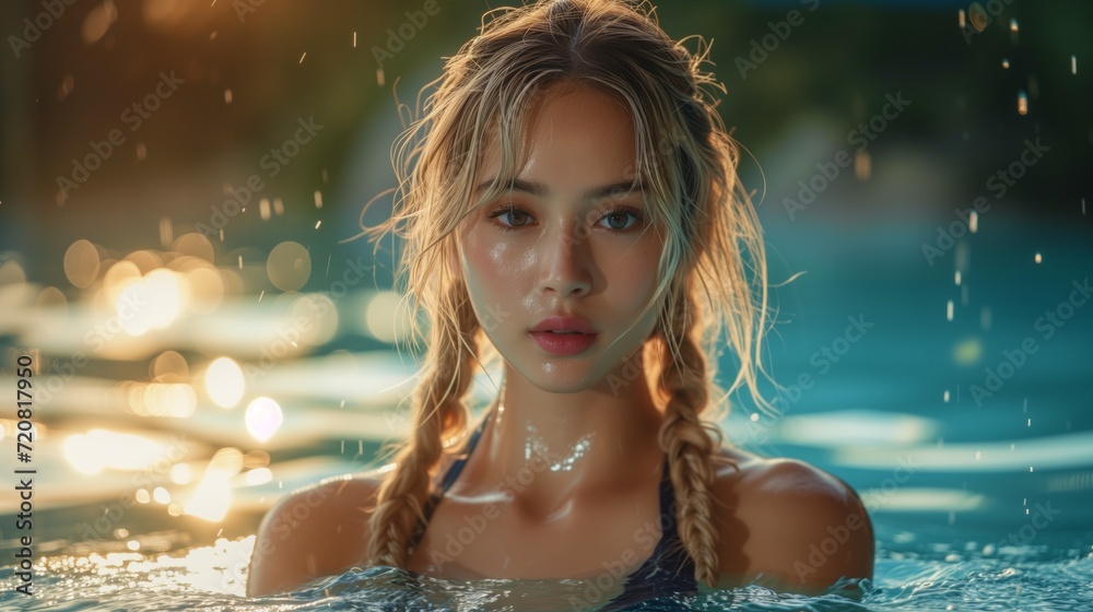 A pretty thai woman with blonde braids standing in pool, close-up shot, dark maroon and beige, calm expression