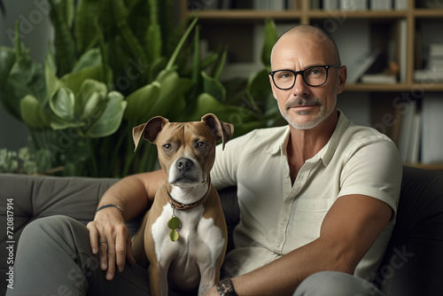 Beautiful middle aged white german man in glasses sitting on sofa at home with dog, single mature senior in room, green plant, pet care