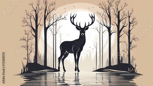Abstract background of deer in the rive. Forest fantasy landscape graphic illustration. Template for your design works ready to use.