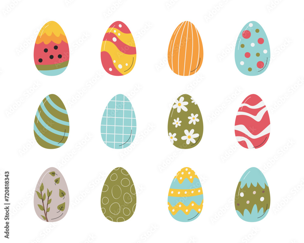 Painted easter eggs collection. Chocolate eggs for easter game egg hunt. Festive design elements isolated. Cute religious graphics. Colorful traditional symbols set hand drawn flat vector illustration
