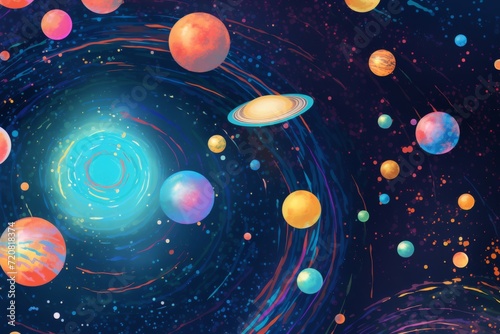 Graphic patterned background of orbits and celestial bodies, a cosmic palette to create a visually dynamic and educational atmosphere for overlays 