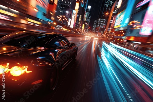 Fast-paced racing game, view from behind with futuristic cityscape.