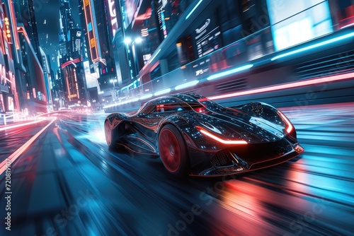Futuristic-looking racing game on PC, console, or virtual reality. Sleek sports car racing fast in a neon city.