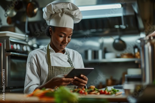 Young black female chef or kitchen worker checking a tablet for recipe.