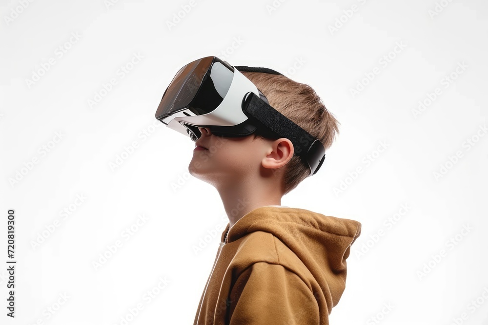 Kid looking up, wearing a virtual reality headset, wearing a brown hoodie with white background. Kid looking up, wearing a virtual reality headset, wearing a brown hoodie with white background.