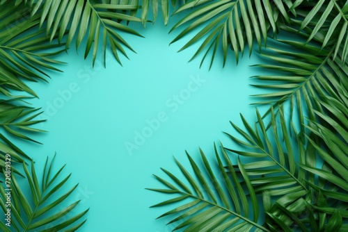 Tropical Leaves on Color Background: Flat Lay AI Generated