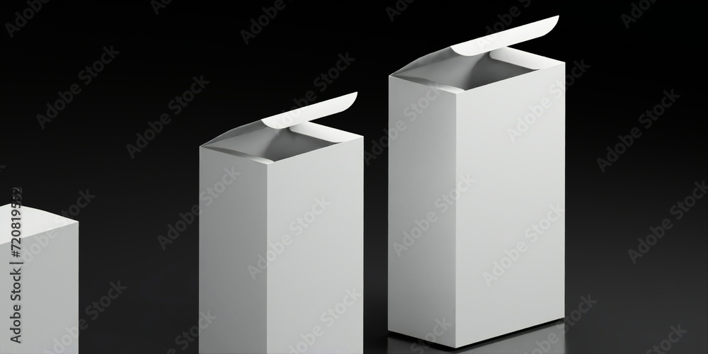 Two open white cardboard Package Box Mockups on dark background. 3D illustration. Mockup template ready for your design. Two open white cardboard Package Box Mockups on dark background. 3D illustration. Mockup template ready for your design.