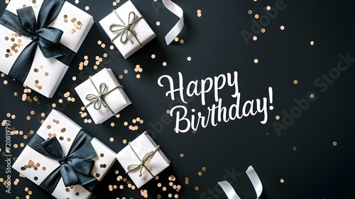 'Happy Birthday' Calligraphy on a Black Background with Presents and Confetti. Elegant Template for a Birthday Card © Florian