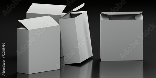 Different size open cardboard Package Box Mockups on black shiny background. 3D illustration Mockup box template from different angles.