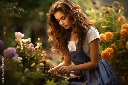 Beautiful young woman sitting in the garden and taking care of flowers. Ai Generated