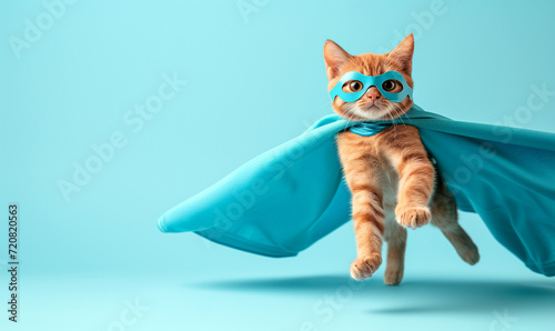 Feline Hero: Brave Super Cat Soaring in a Cape Against a Sky Blue Background © augenperspektive