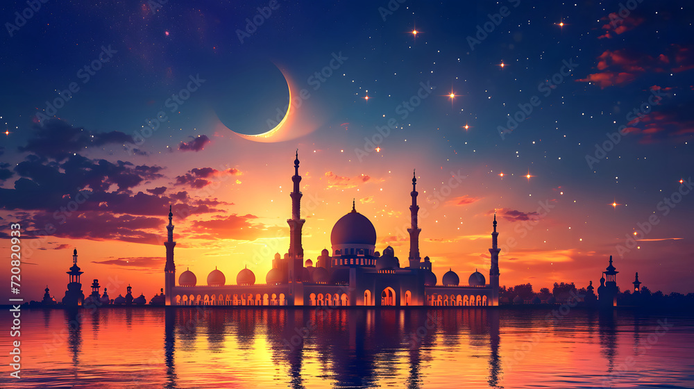 An awe-inspiring image captures the tranquil silhouette of a grand mosque with minarets reflected in water under a vibrant sunset sky adorned with a crescent moon and stars