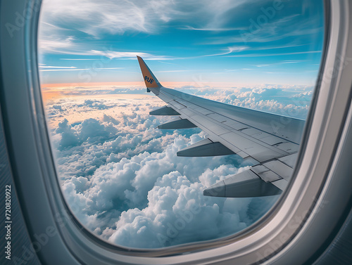 The photo captures a tranquil scene of fluffy clouds and a warm sunset sky as seen through the airplanes window, indicating a peaceful journey above the clouds
