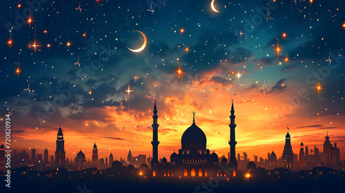 The dramatic twilight skyline showcases an impressive array of Islamic architectural silhouettes against a starry sky with a crescent moon photo