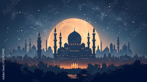 The artwork captures a serene twilight scene with a striking mosque silhouette set before a luminous full moon, creating a peaceful and mystical atmosphere