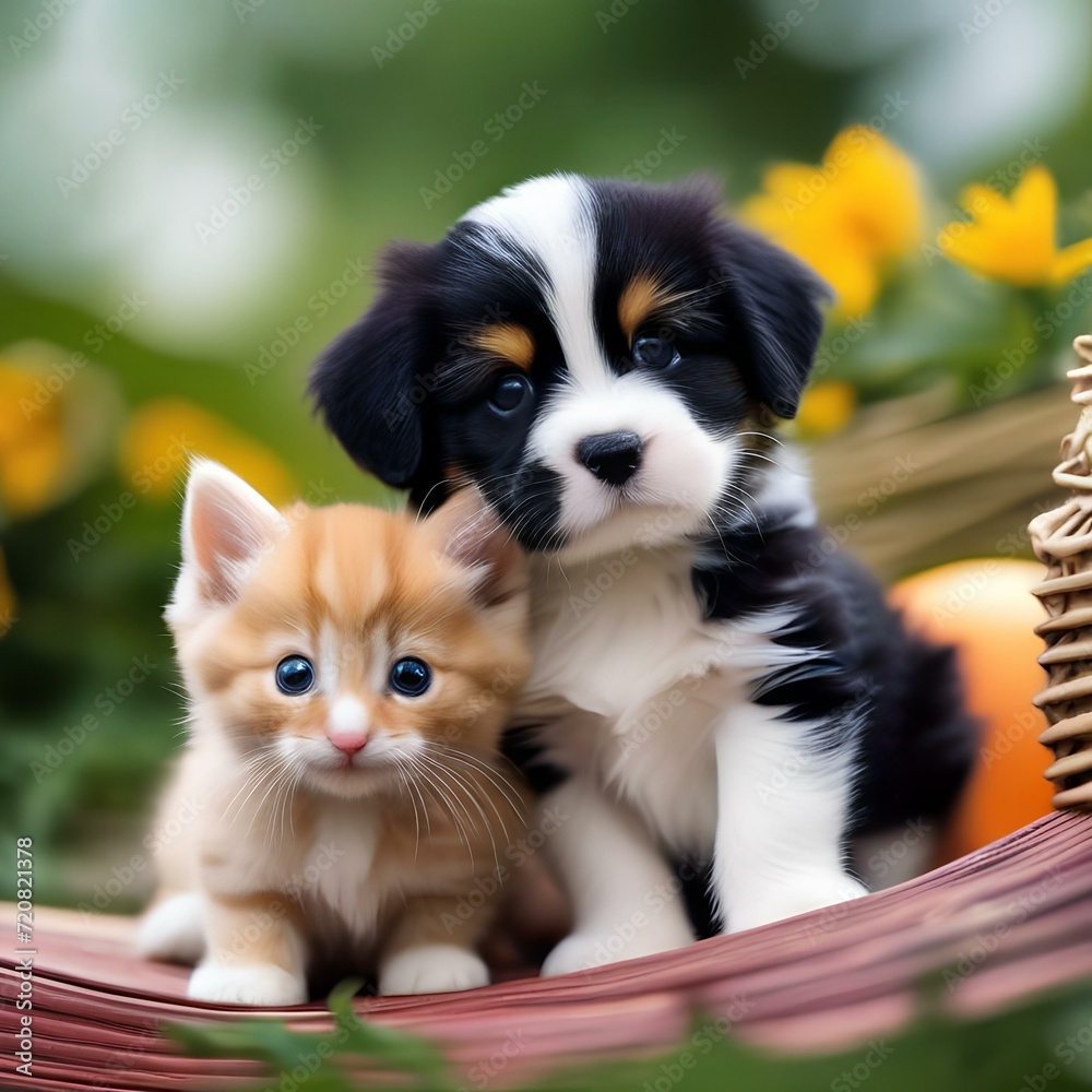 Adorable puppies and kittens having a playful day in a sunny garden Charming and heartwarming illustration for animal-themed products or childrens content2