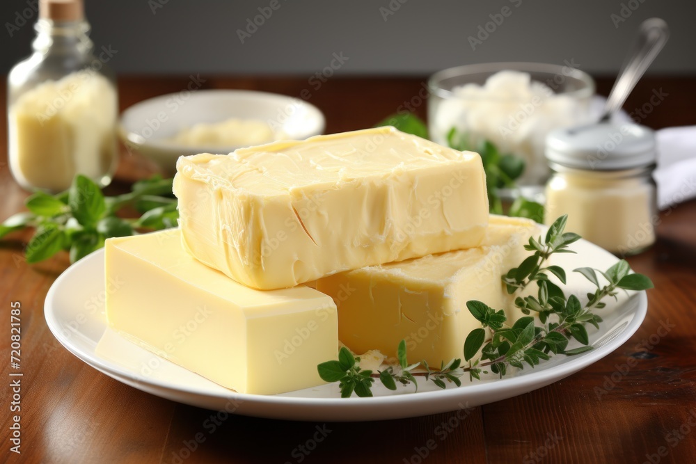 Pieces of butter on a white plate with milk and thyme Generative AI