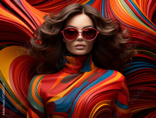 fashion cover, brunet model in colorful striped outfit in fashion sunglasses on striped background