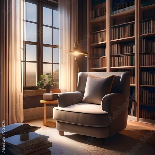 Cozy reading nook with a comfortable chair and a stack of books Relaxing and inviting illustration for literature-themed or library-related projects3 © Ai.Art.Creations
