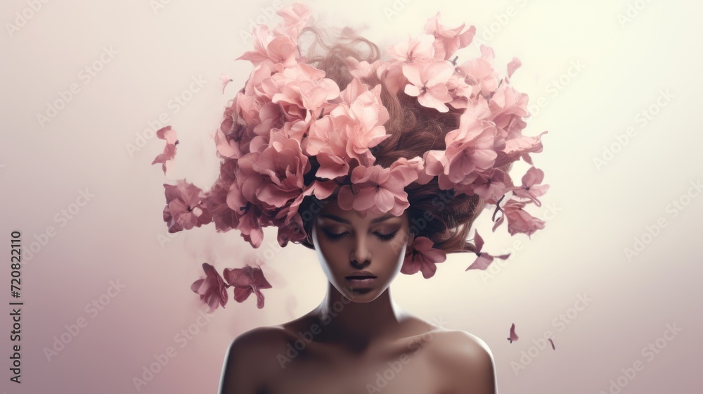 Minimalistic Clean Soft Focus: Woman with Pink Flowers on Her Head AI Generated