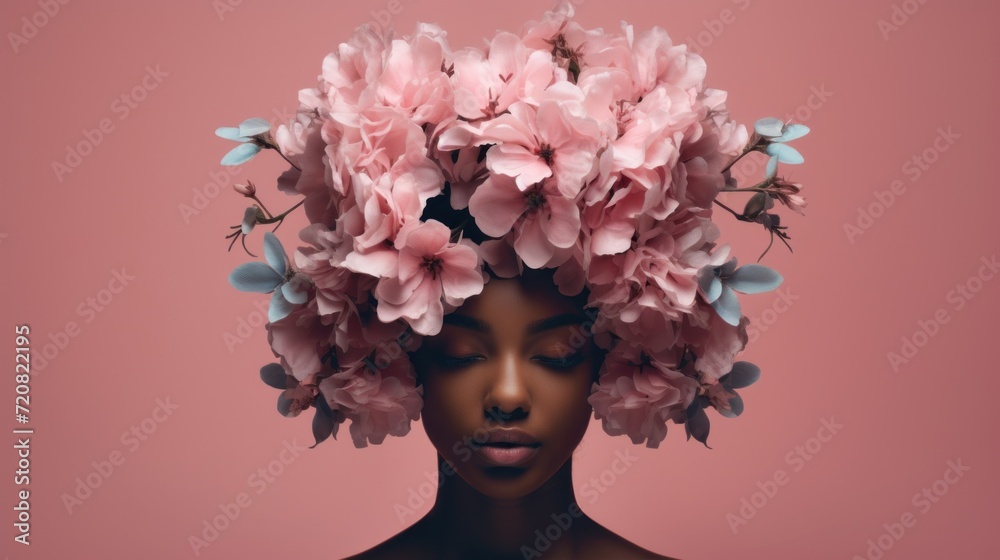 Minimalistic Clean Soft Focus: Woman with Pink Flowers on Her Head AI Generated