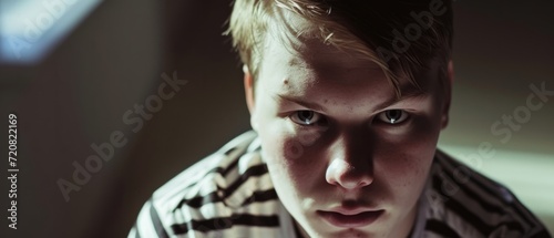 Tenebrism,  Tilt-shift effect photography of Swedish teen, staring at camera,  very still, 