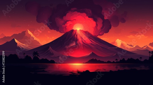 Sunset Volcano Illustration Background AI Generated