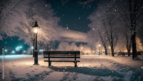 Winter Wonderland, Snow, Night, Sky, Aurora, Landscape Park, Bench, Scenery, Village, Wooden House, Castle, Nature Ambience, Outdoor, Night, Snowfall, Snow Falling, Loop Video 4K Background photo