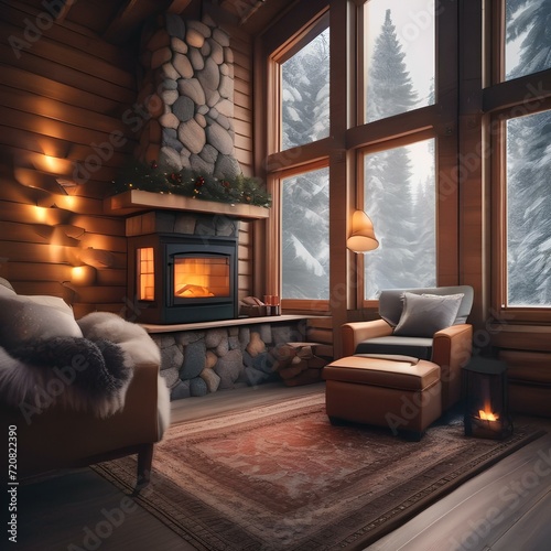 Cozy cabin in a snowy forest with a warm fireplace inside Peaceful and inviting illustration for winter-themed or holiday designs2 photo