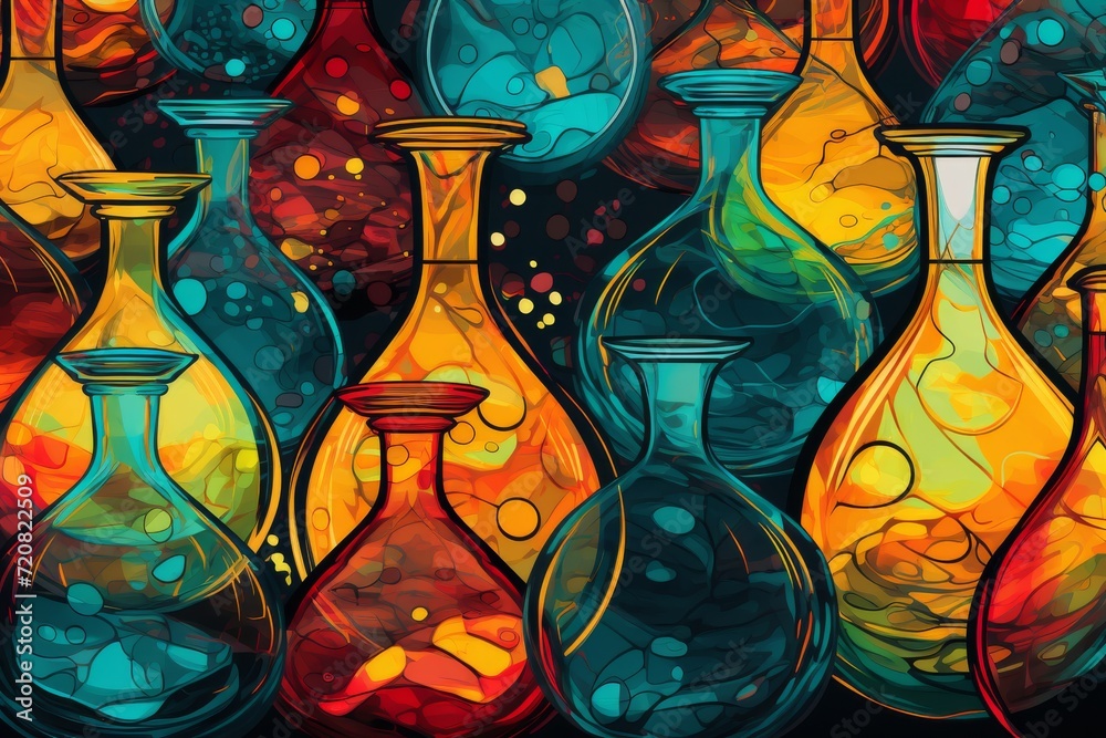 Patterned Flasks Graphic patterned background of repeating flasks and bubbling reactions ...