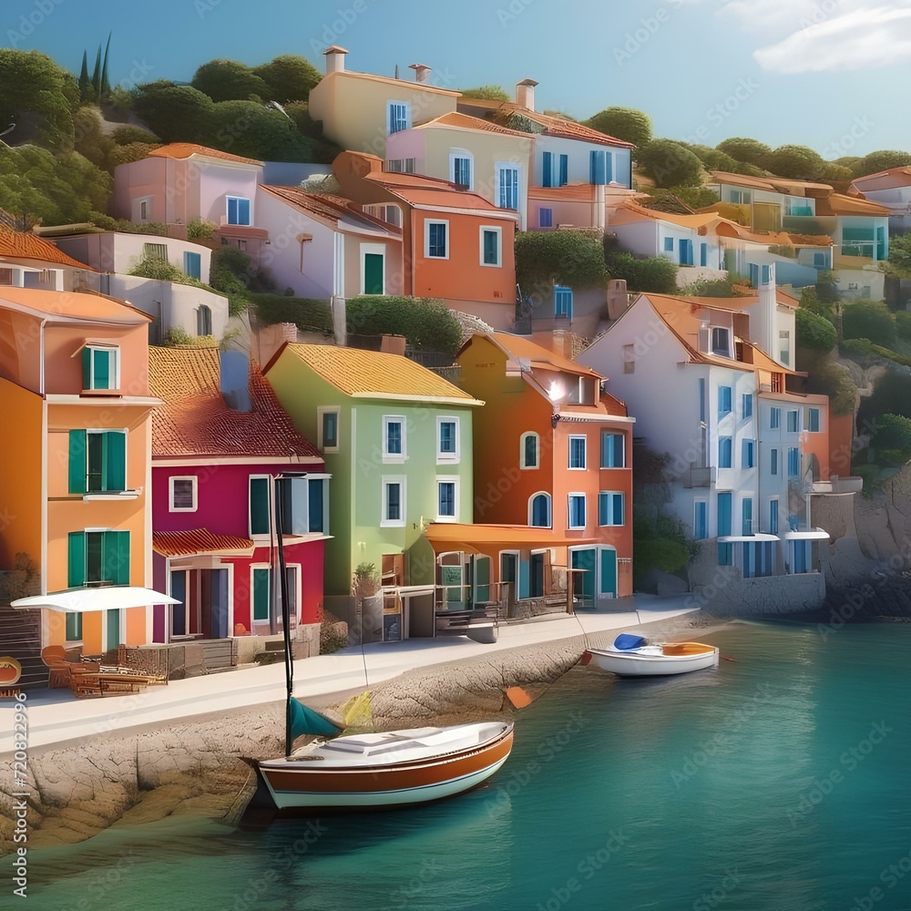 Charming seaside village with colorful houses and a serene ocean view Relaxing and picturesque illustration for travel or coastal-themed designs3