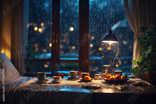 The table in the bedroom at night and you can see from the window it's raining photo