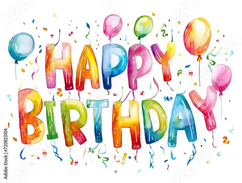 Colorful 'Happy Birthday' Typography on a white Background with Balloons and Confetti. Template for a Birthday Card
