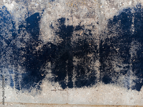 Abstract black paint grunge background. Dirty cement wall with black paint stains. Black paint texture stains with copy space.