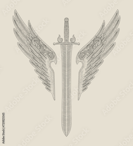 antique sword with wings.  vintage engraving drawing style illustration
