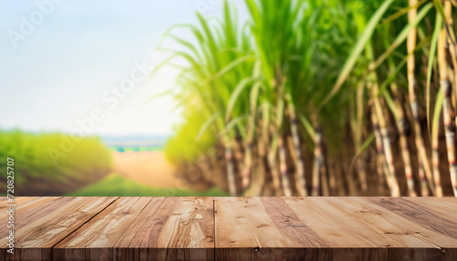 The empty wooden brown table top with blur background of sugarcane plantation. Exuberant image., for montage or display products photo
