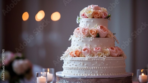 A three tier wedding cake with pink roses, copy space photo