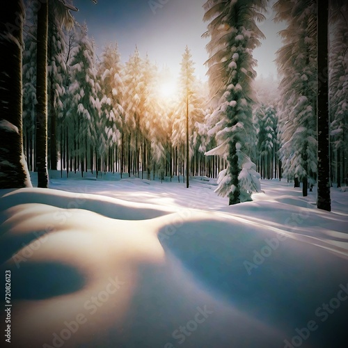 Snow Forest Mountain Tree Landscape Winter scenery. A serene winter landscape with a snow covered forest and mountain range, gleaming peaks, snow laden slopes