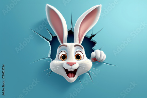 Smiling Easter Bunny with long ears peeking from a hole in light blue wall. Banner, greeting card, poster with copy space